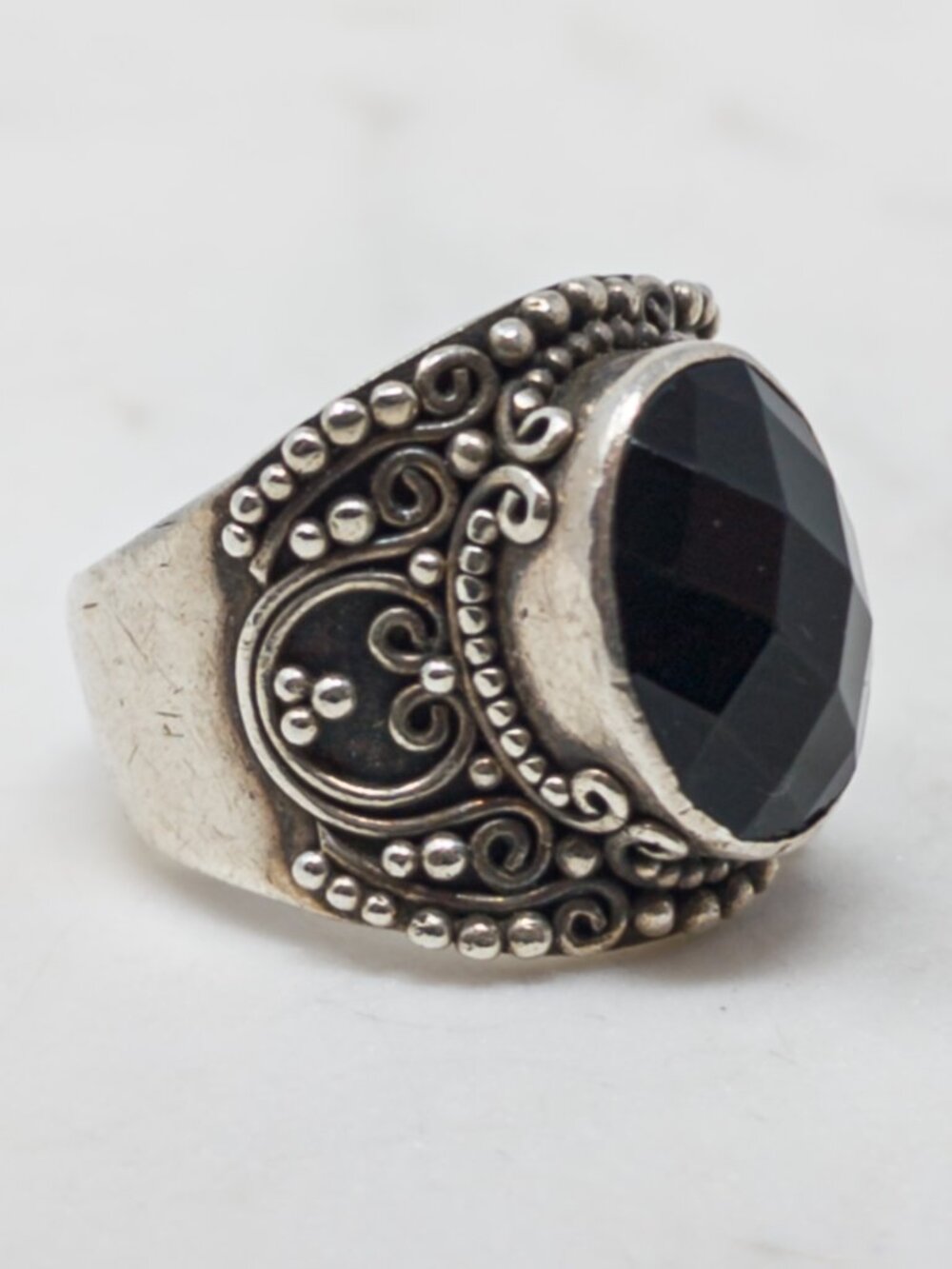 Sterling Silver Onyx Statement Ring, Ornate Scroll Setting, Sz 7